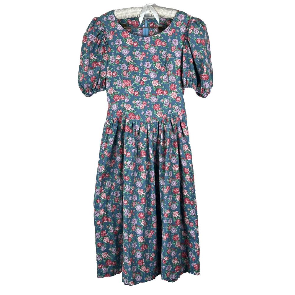 Vintage Handmade Dress Women's Blue Floral Puff Sleeve Ruffle Cottage